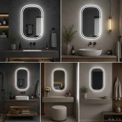 Modern Capsule LED Bathroom Mirror with Double Border Backlight | Premium Oval Vanity Wall Mirror for Home & Hotel