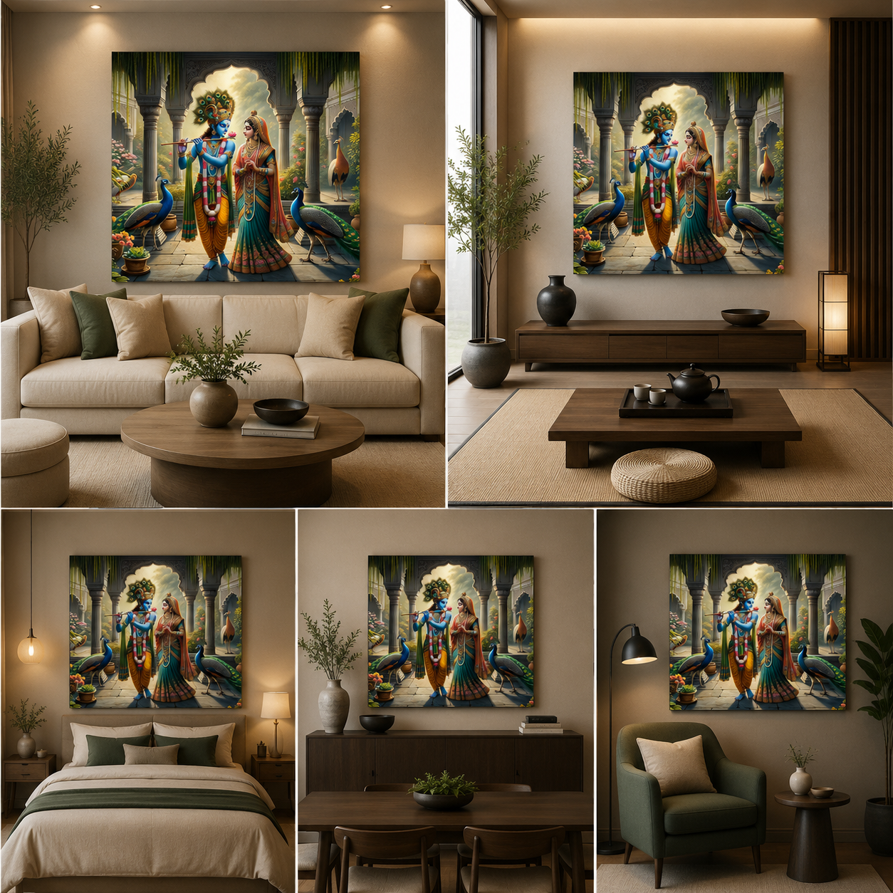 Radha Krishna Palace Garden Canvas Painting Frame Wall Decor for Living Room Peacock Artwork