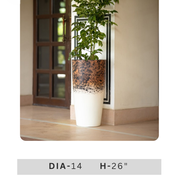Tall cream cylindrical planter with dark terracotta textured pattern and 14 inch diameter for contemporary indoor and outdoor plant décor