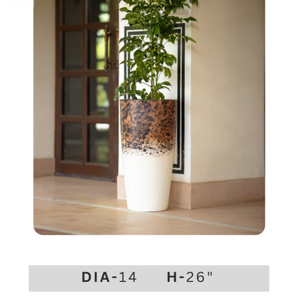 Tall cream cylindrical planter with dark terracotta textured pattern and 14 inch diameter for contemporary indoor and outdoor plant décor