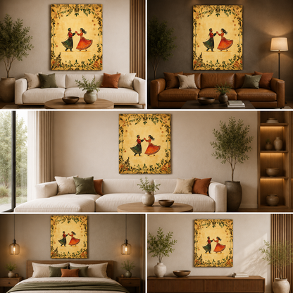 Traditional Rajasthani Couple Dance Canvas Wall Painting | Folk Art Romantic Artwork | Premium Ethnic Wall Decor