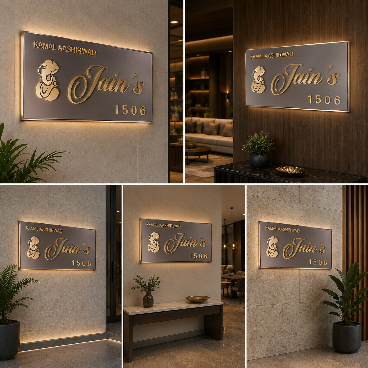 Premium Acrylic Gold Letter House Name Plate with 3D Raised Letters | Luxury Modern Home Name Board with Ganesh Design