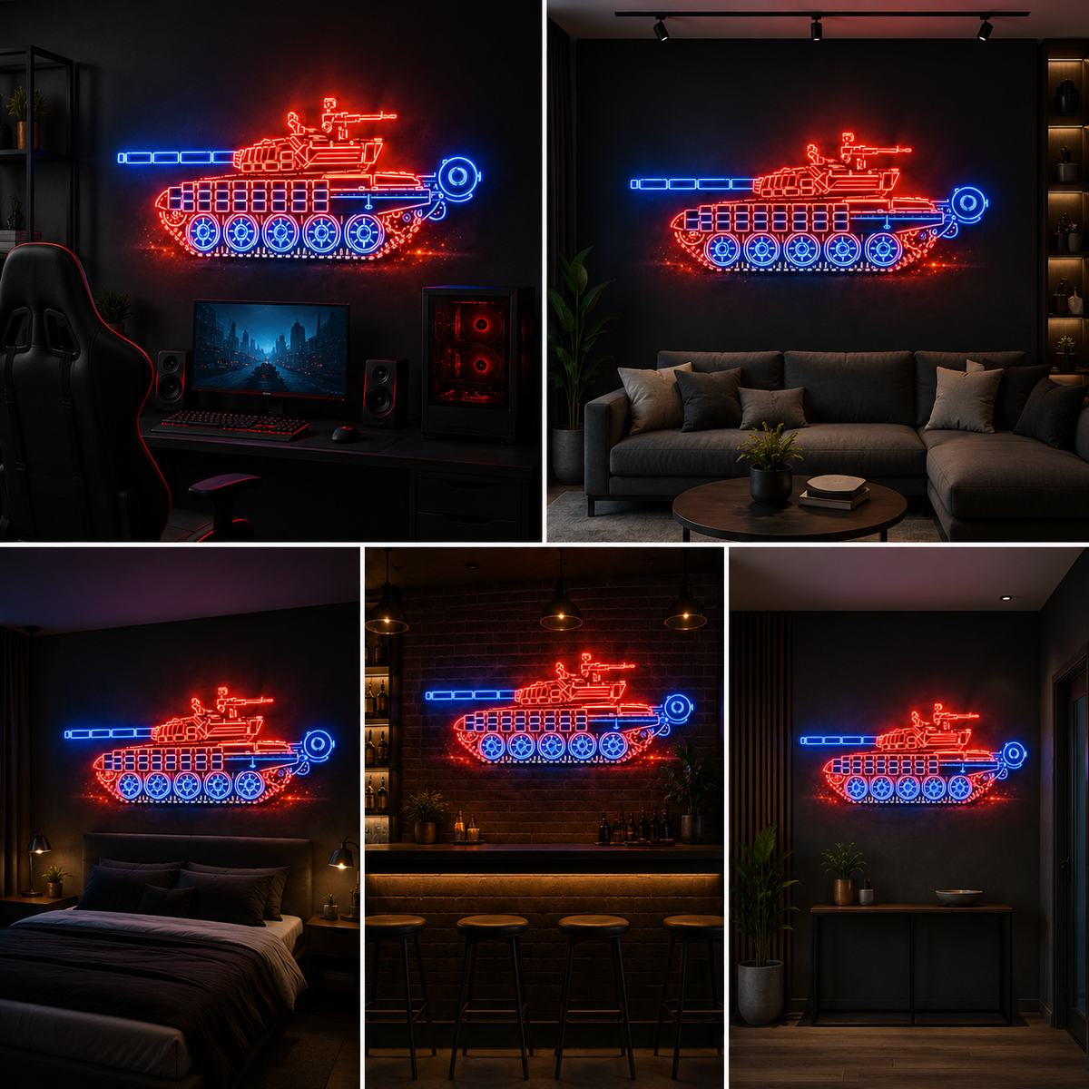 Military Tank LED Neon Wall Sign with Acrylic Backboard for Gaming Room and Office Decor