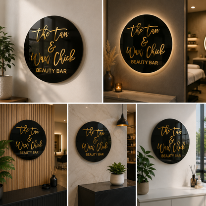 Round Acrylic Sign | Custom 3D Gold Script Salon Logo Board for Beauty Bar & Studio Branding