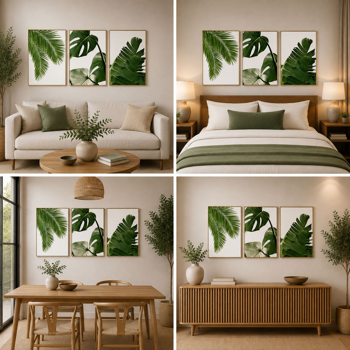 3-Piece Tropical Leaf Canvas Wall Art Set with Botanical Green Prints for Modern Interiors