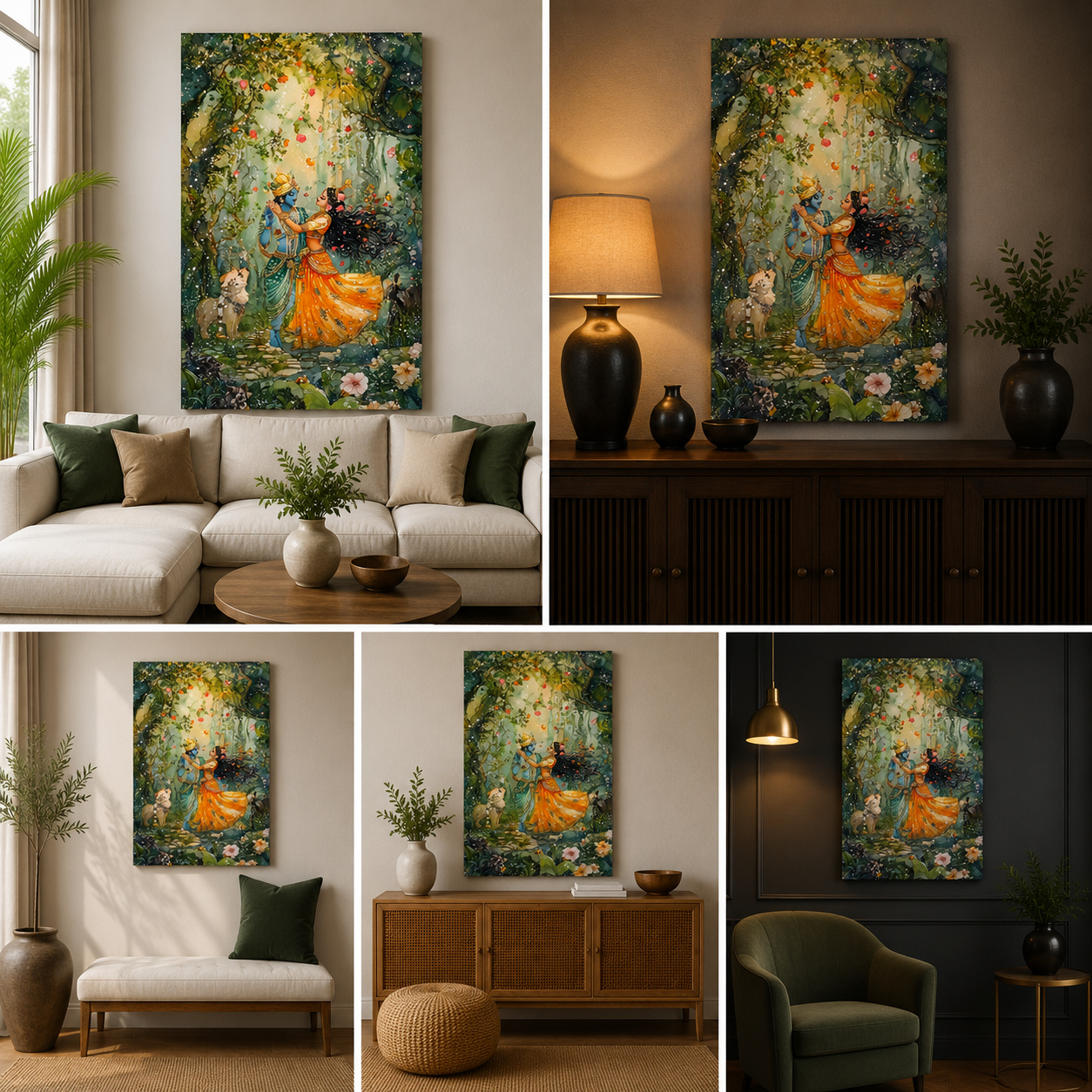 Radha Krishna Forest Dance Canvas Painting Frame Romantic Spiritual Wall Decor for Living Room