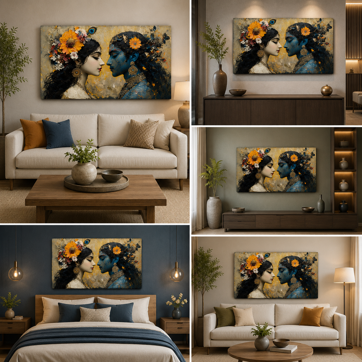 Radha Krishna Floral Abstract Canvas Painting Frame Wall Decor for Living Room Modern Romantic Artwork