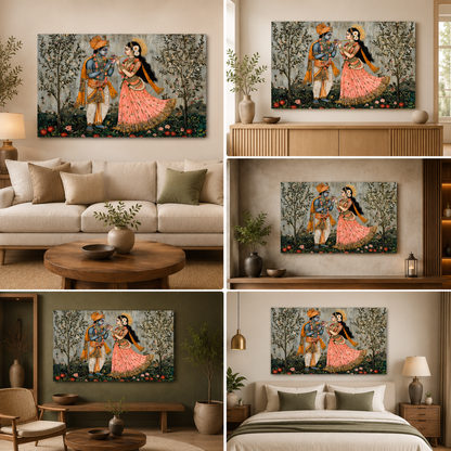 Radha Krishna Traditional Folk Art Canvas Painting Frame Horizontal Wall Decor for Living Room