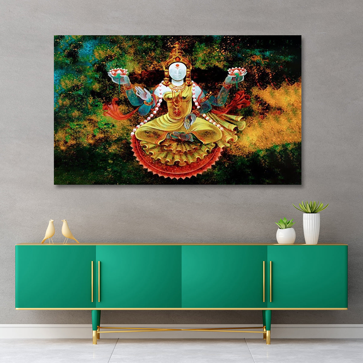 Goddess Lakshmi Lotus Canvas Painting Spiritual Wall Art for Living Room
