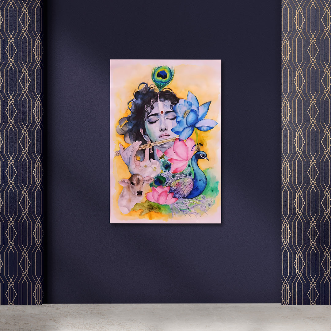 Watercolor Lord Krishna Canvas Painting Frame | Peacock Lotus Cow Krishna Wall Art | Soft Spiritual Canvas Wall Decor for Living Room