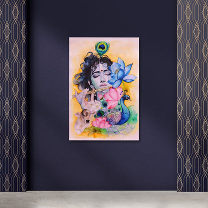 Watercolor Lord Krishna Canvas Painting Frame | Peacock Lotus Cow Krishna Wall Art | Soft Spiritual Canvas Wall Decor for Living Room