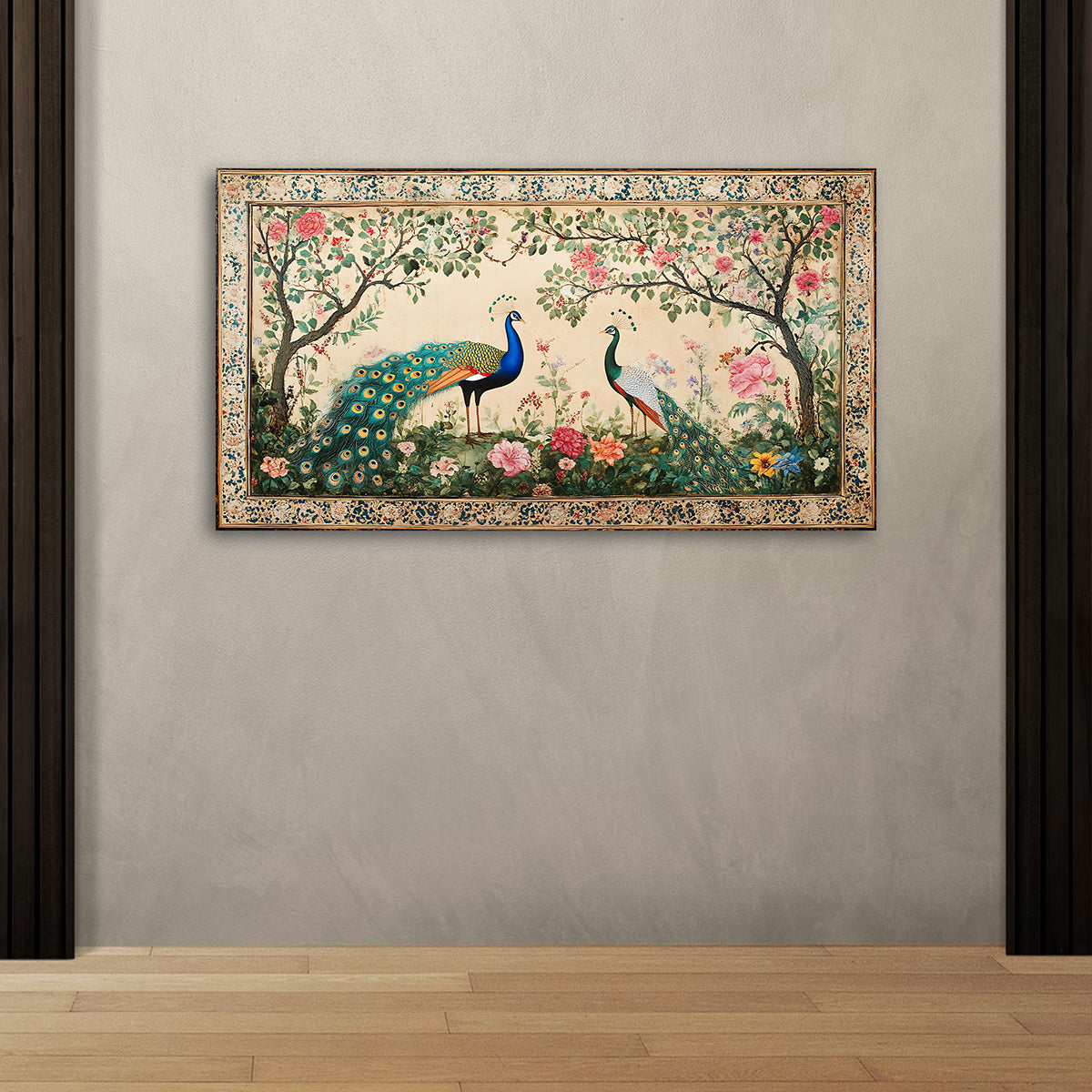 Royal Peacock Pair Mughal Garden Canvas Wall Painting | Vintage Floral Bird Artwork | Premium Heritage Wall Decor