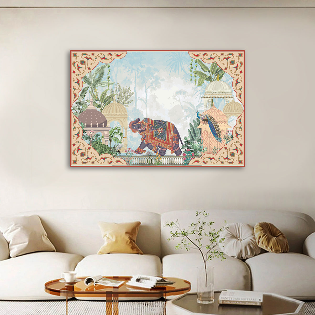 Royal Elephant Pichwai Style Canvas Wall Painting | Traditional Indian Palace Artwork | Premium Ethnic Wall Decor