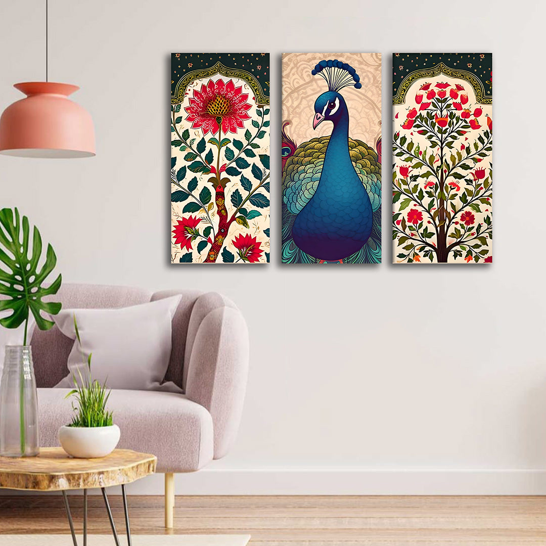 Peacock Madhubani Canvas Painting 3 Panel Wall Art for Living Room (12 x 24 Inches Each Part)