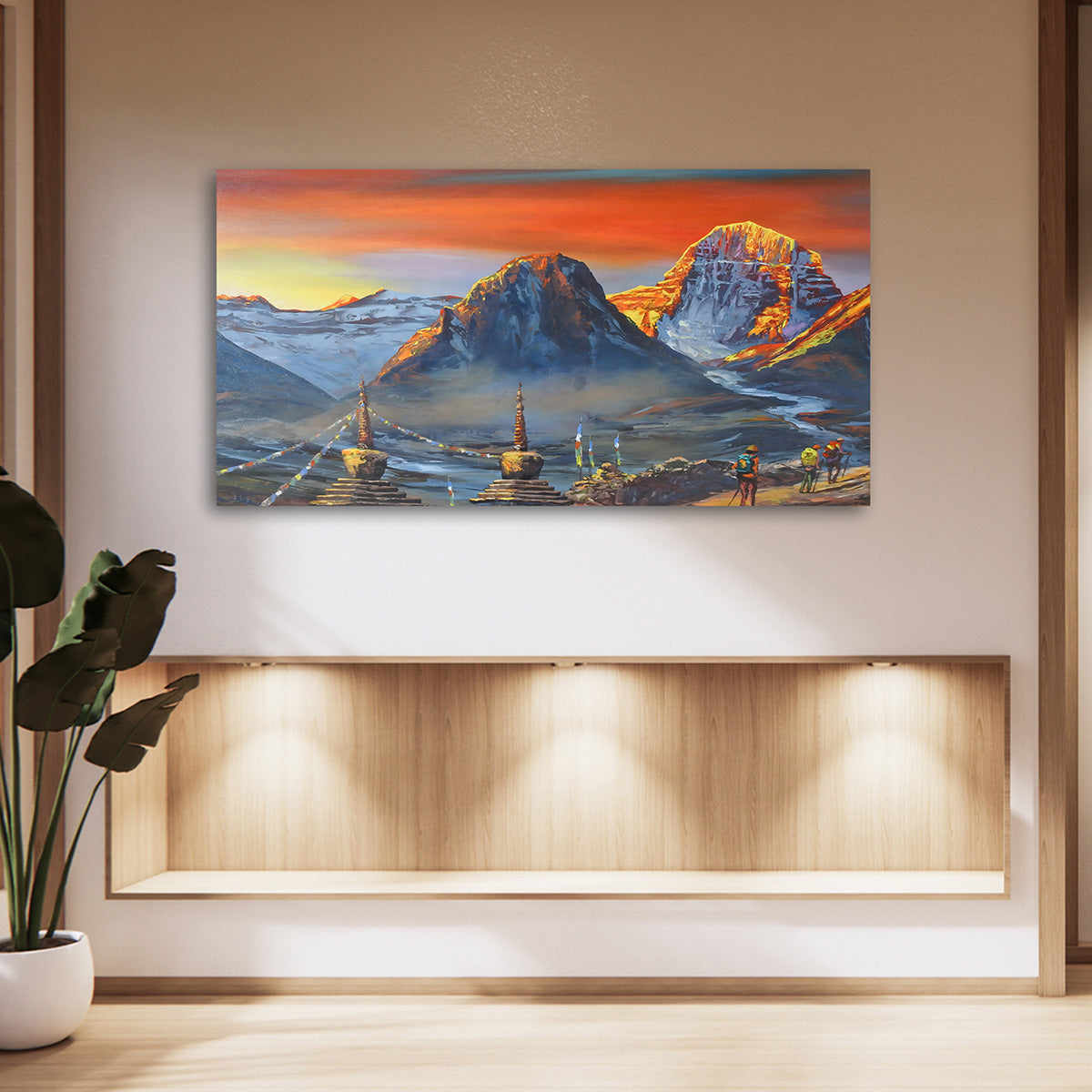 Himalayan Sunrise Landscape Canvas Painting with Snow Mountains & Prayer Flags – Large Size Canvas Wall Art for Living Room