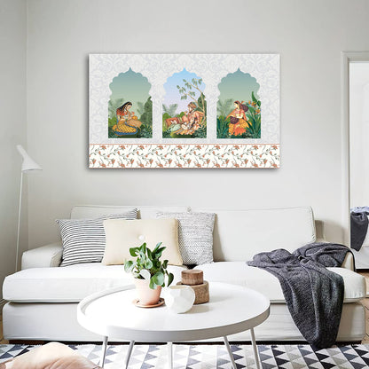 Royal Court Scene Canvas Wall Painting | Mughal Miniature Art Panel | Traditional Indian Story Artwork