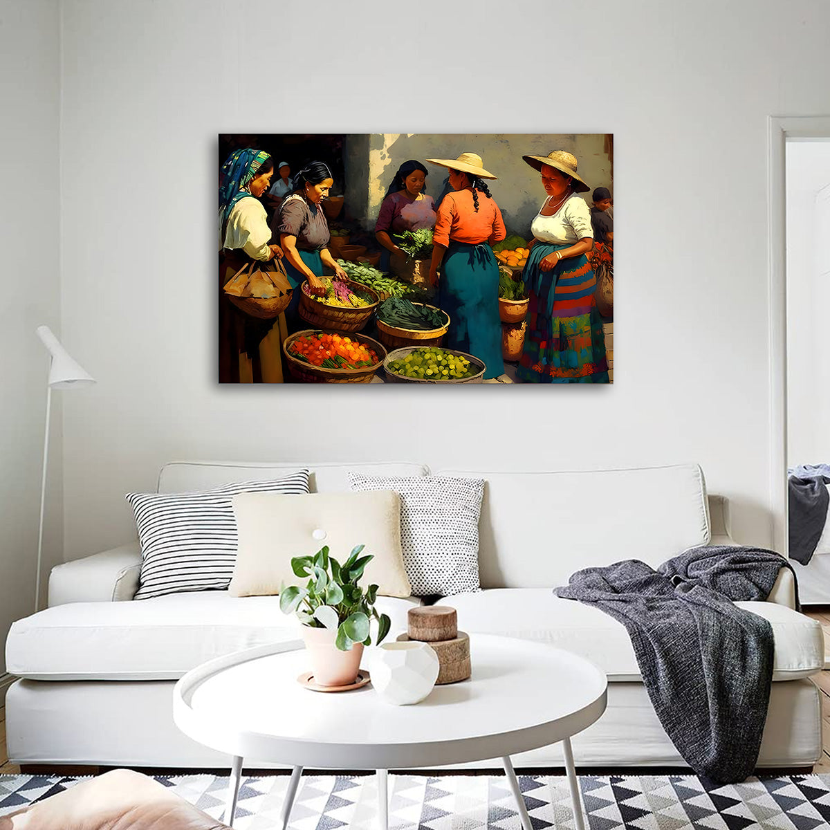 Traditional Market Scene Wall Painting | Cultural Canvas Art for Living Room Decor