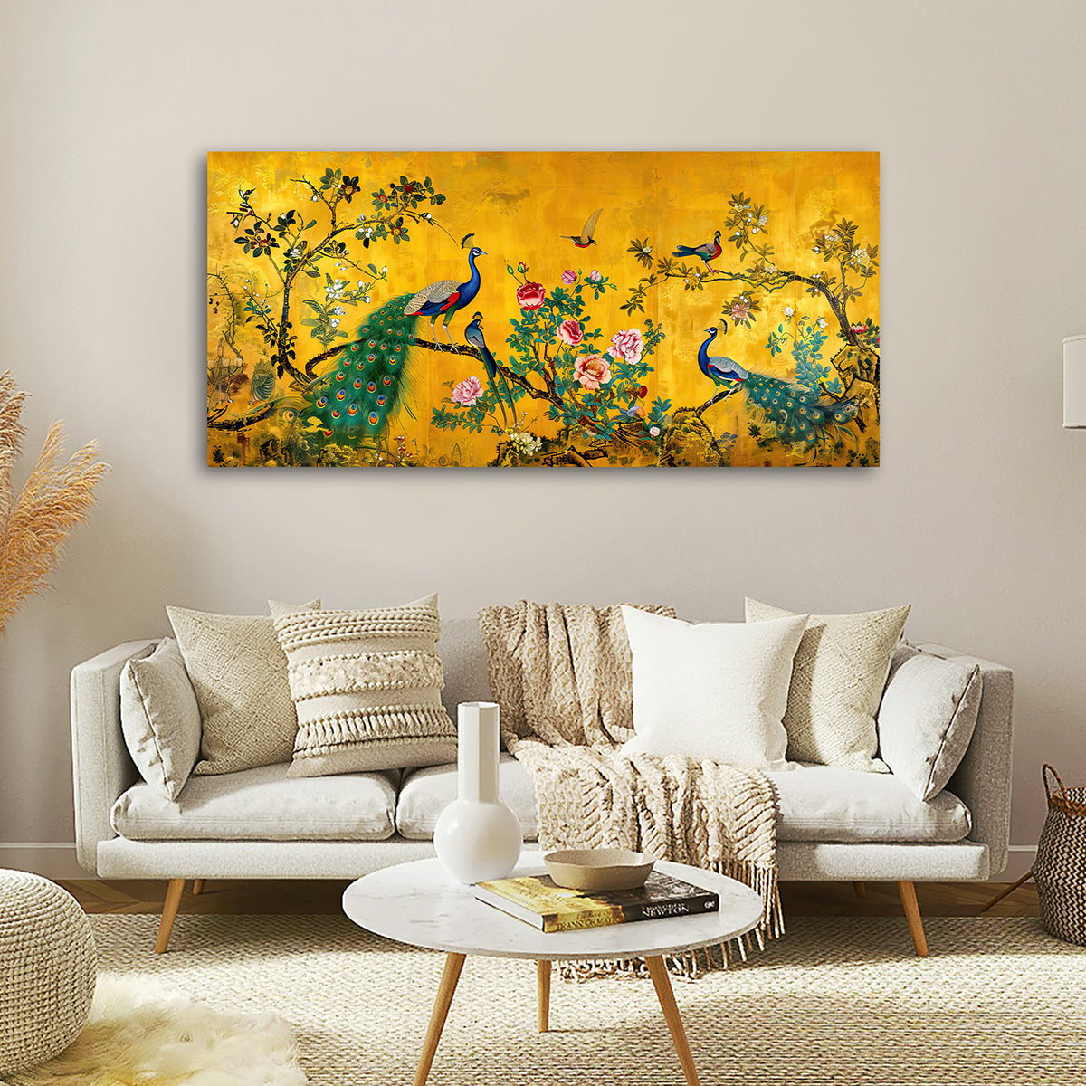 Royal Peacock Garden Canvas Wall Painting | Luxury Golden Floral Bird Artwork | Premium Statement Wall Decor