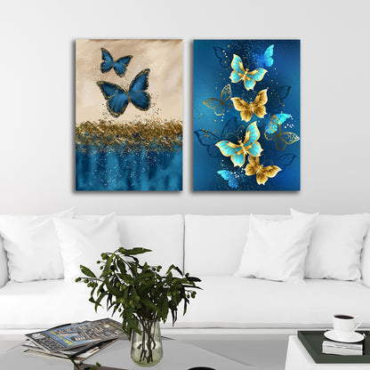 Blue Gold Butterfly Canvas Painting Set of 2 Modern Wall Art (18 x 24 Inches Each Part)