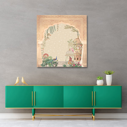 Mughal Palace Peacock Canvas Wall Art | Arch Garden Scene Painting | Elegant Indian Heritage Decor