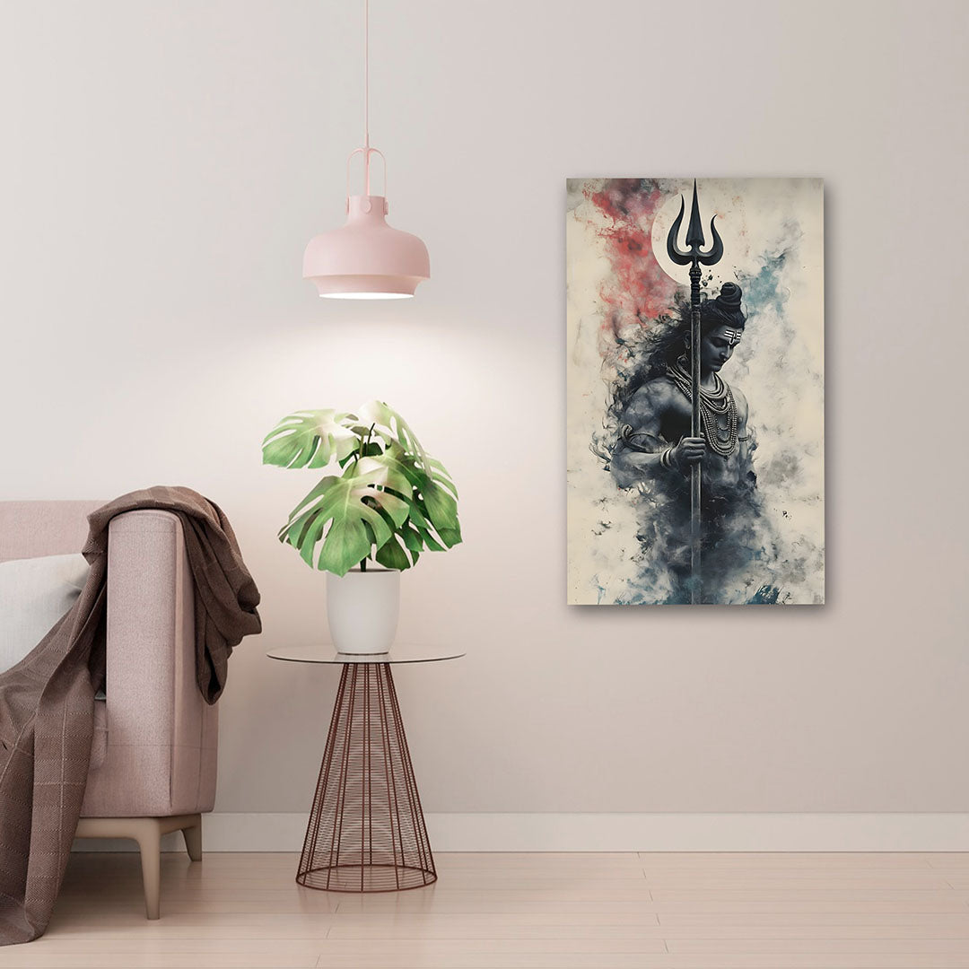 Lord Shiva Trishul Abstract Canvas Painting – Modern Spiritual Wall Art Canvas Painting Frame for Living Room