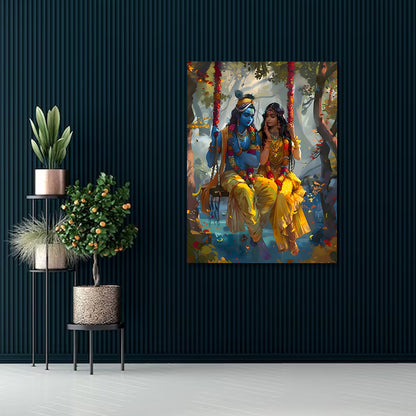 Radha Krishna Jhula Canvas Painting Frame | Vrindavan Forest Theme Spiritual Wall Art | Large Canvas Wall Decor for Living Room