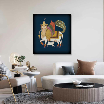 Traditional Pichwai Cow Canvas Painting Frame | Nathdwara Style Spiritual Wall Art | Indian Folk Canvas Wall Decor for Living Room
