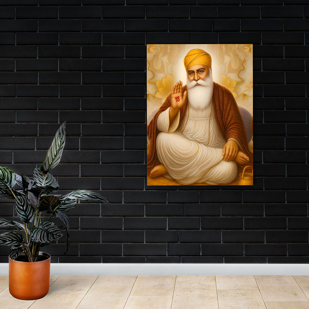 Guru Nanak Dev Ji Sitting Blessing Canvas Painting – Spiritual Sikh Wall Art Canvas Painting Frame for Living Room