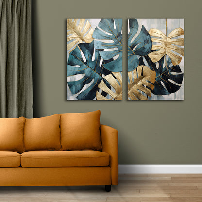 Monstera Leaf Canvas Wall Art 2 Panel Botanical Painting Decor (18 x 24 Inches Each Part)