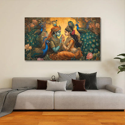 Radha Krishna Canvas Painting Frame with Peacock Wall Decor for Living Room Spiritual Artwork