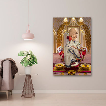 Guruji Swaroop Canvas Painting with Peacock Motif – Premium Religious Wall Art Canvas Painting Frame for Living Room