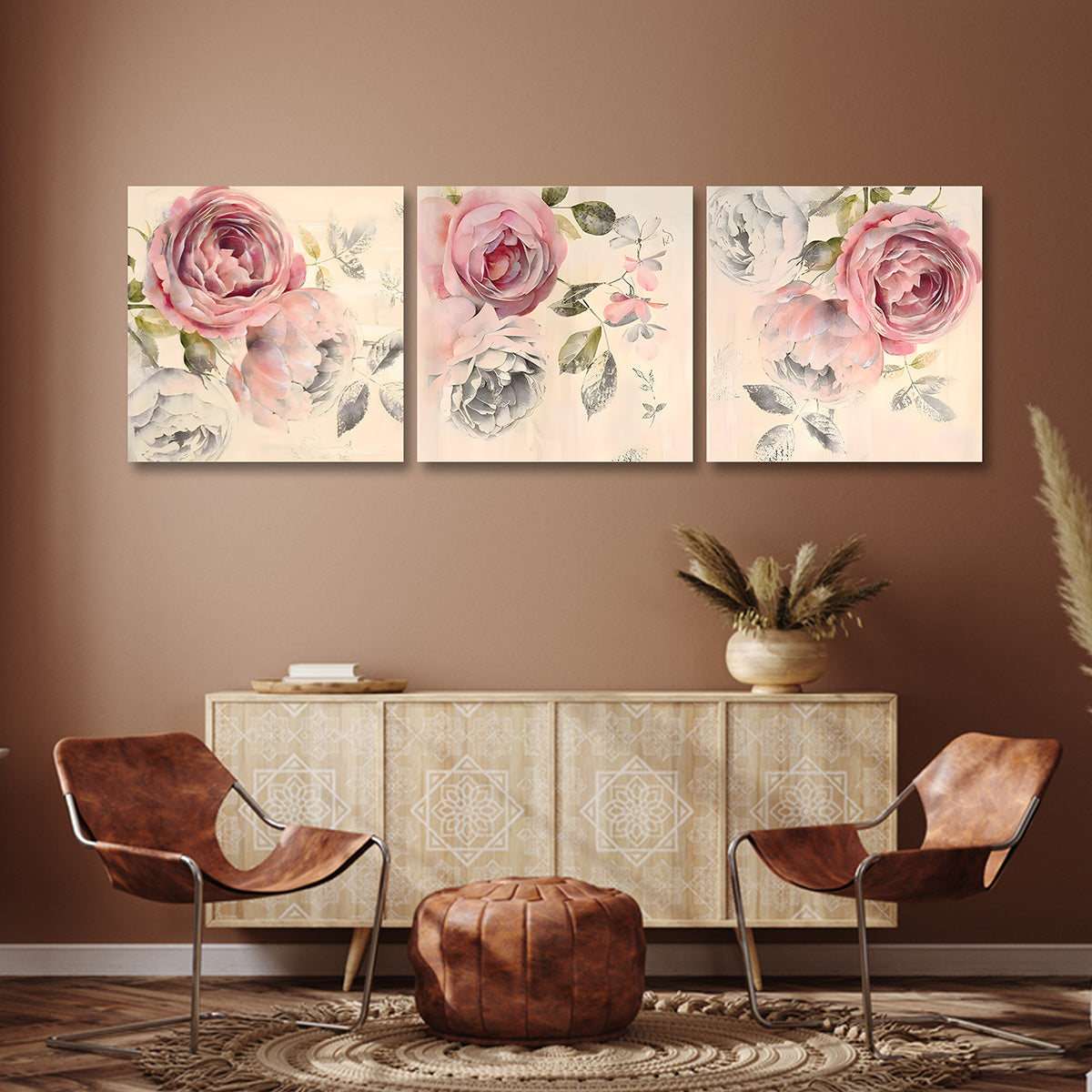 Elegant Floral Wall Art Set of 3 Panels | Vintage Rose Canvas Painting | Soft Pastel Flower Acrylic UV Printed Wall Decor (18 x 18 Inches Each Part)