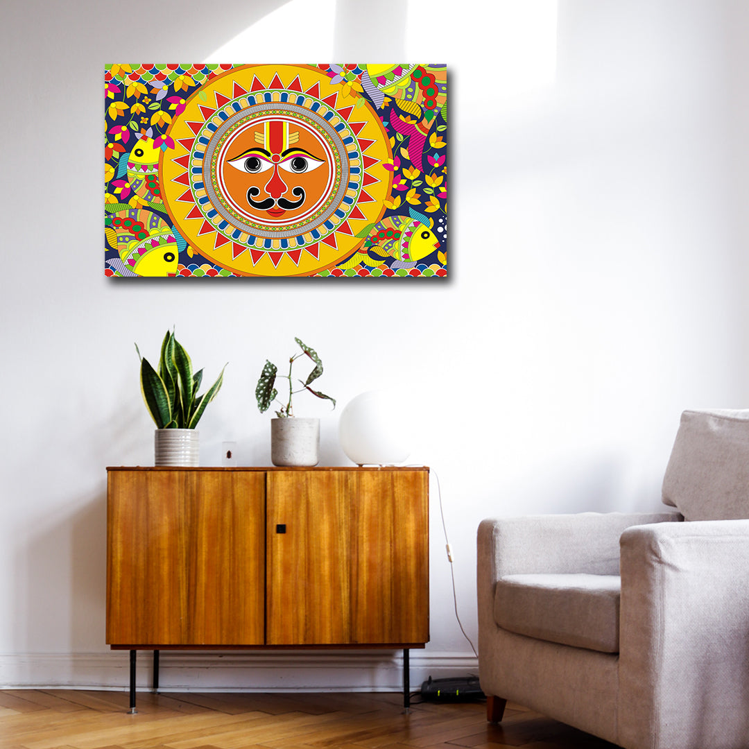 Canvas Pichwai Painting Wall Frame | Traditional Madhubani Sun and Fish Art | Vibrant Surya Dev with Ethnic Floral Patterns Modern Wall Art Decors