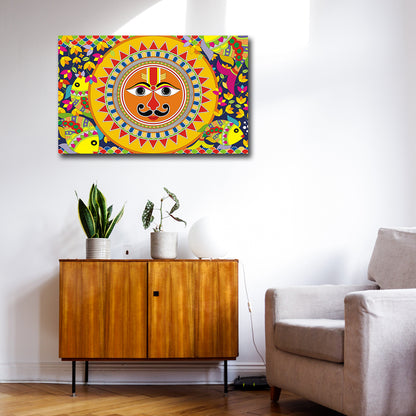 Canvas Pichwai Painting Wall Frame | Traditional Madhubani Sun and Fish Art | Vibrant Surya Dev with Ethnic Floral Patterns Modern Wall Art Decors