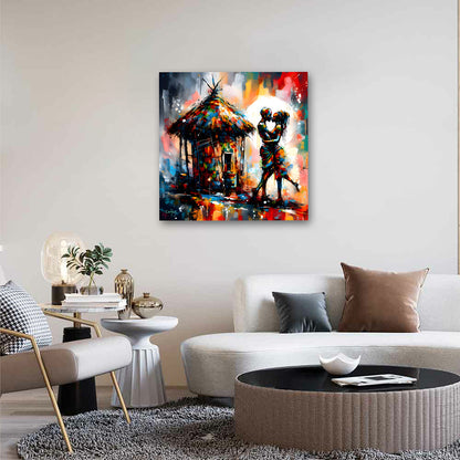 Romantic Couple Wall Painting | Colorful Love Canvas Art with Hut Scene for Home Decor