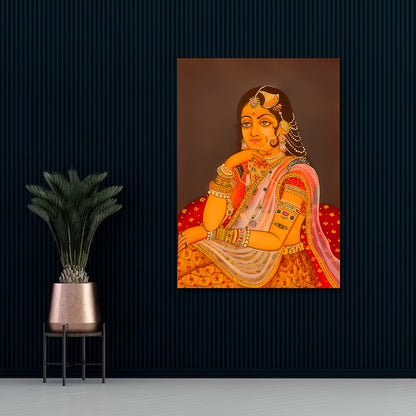Royal Indian Woman Portrait Canvas Wall Art | Traditional Rajasthani Lady Painting | Elegant Heritage Decor