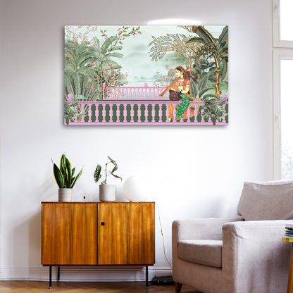 Royal Balcony Scene Canvas Wall Painting | Mughal Inspired Lady with Peacock Artwork | Elegant Indian Wall Decor