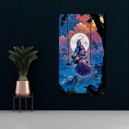 Radha Krishna Jhula Canvas Painting Frame | Moonlight Romantic Krishna Wall Art | Large Spiritual Canvas Wall Decor for Living Room