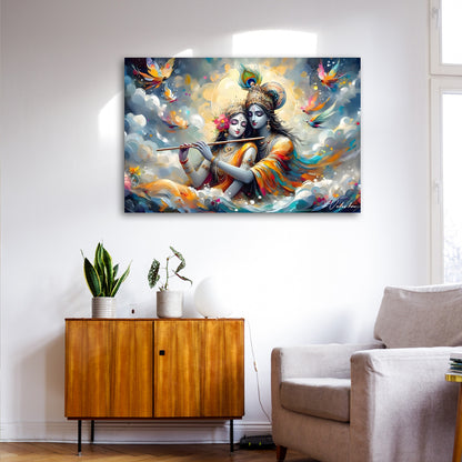 Radha Krishna Flute Wall Painting | Romantic Spiritual Canvas Art for Home Decor