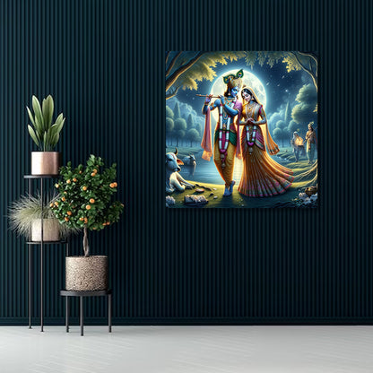 Radha Krishna Moonlight Canvas Painting Frame Wall Decor for Living Room Spiritual Artwork