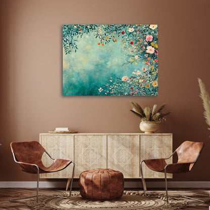 Elegant Teal Floral Landscape Canvas Wall Painting | Modern Nature Flower Artwork | Premium Aesthetic Wall Decor