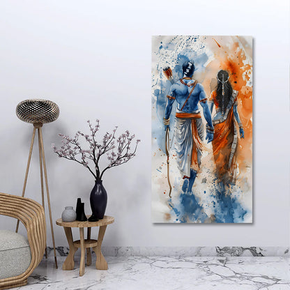 Ram Sita Canvas Wall Painting Frame | Spiritual Couple Canvas Wall Art for Living Room | Large Size Ram Darbar Style Painting for Home Decor & Gifting