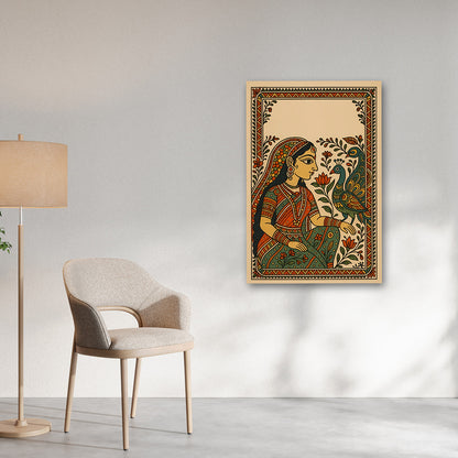Traditional Indian Folk Art Canvas Wall Painting | Ethnic Woman & Peacock Artwork for Home Decor