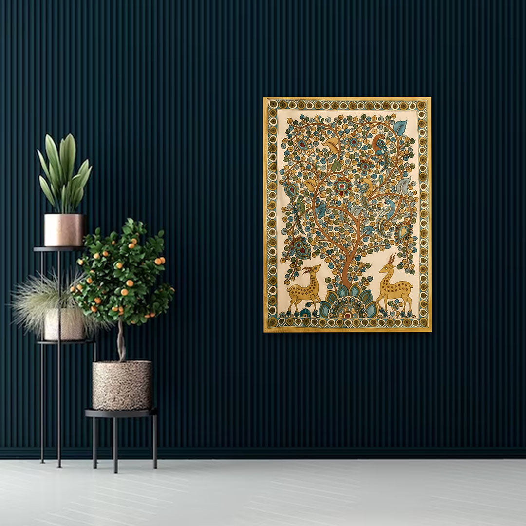 Traditional Tree of Life Canvas Painting with Deer & Birds – Ethnic Kalamkari Style Wall Art Canvas Painting Frame for Living Room