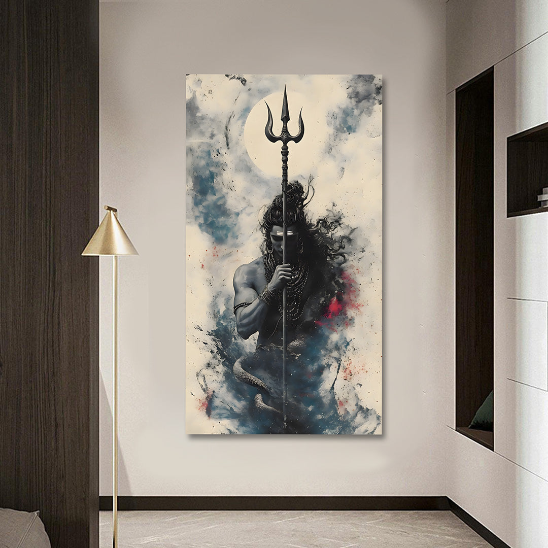 Lord Shiva Trishul Canvas Painting Frame | Minimal Abstract Shiva Wall Art | Powerful Spiritual Canvas Wall Decor for Living Room