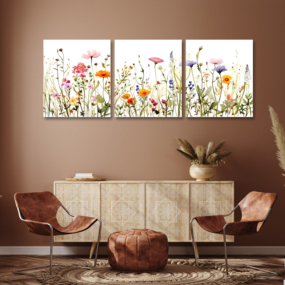 Wildflower Meadow Wall Art Set of 3 Panels | Colorful Floral Canvas Painting | Acrylic UV Printed Wall Decor for Living Room Bedroom (18 x 24 Inches Each Part)