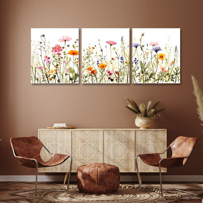 Wildflower Meadow Wall Art Set of 3 Panels | Colorful Floral Canvas Painting | Acrylic UV Printed Wall Decor for Living Room Bedroom (18 x 24 Inches Each Part)