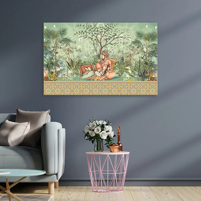 Royal Garden Leisure Canvas Wall Painting | Mughal Miniature Couple Artwork | Elegant Indian Heritage Wall Decor