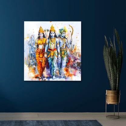 Ram Darbar Canvas Wall Painting Frame | Modern Watercolor Spiritual Canvas Wall Art for Living Room | Large Size Ram Lakshman Sita Painting