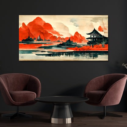 Red Mountain Landscape Canvas Wall Art Asian Scenic Painting Decor